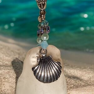 Drilled Beach Glass Pendant With Scallop Shell And Sterling Silver 16" Chain